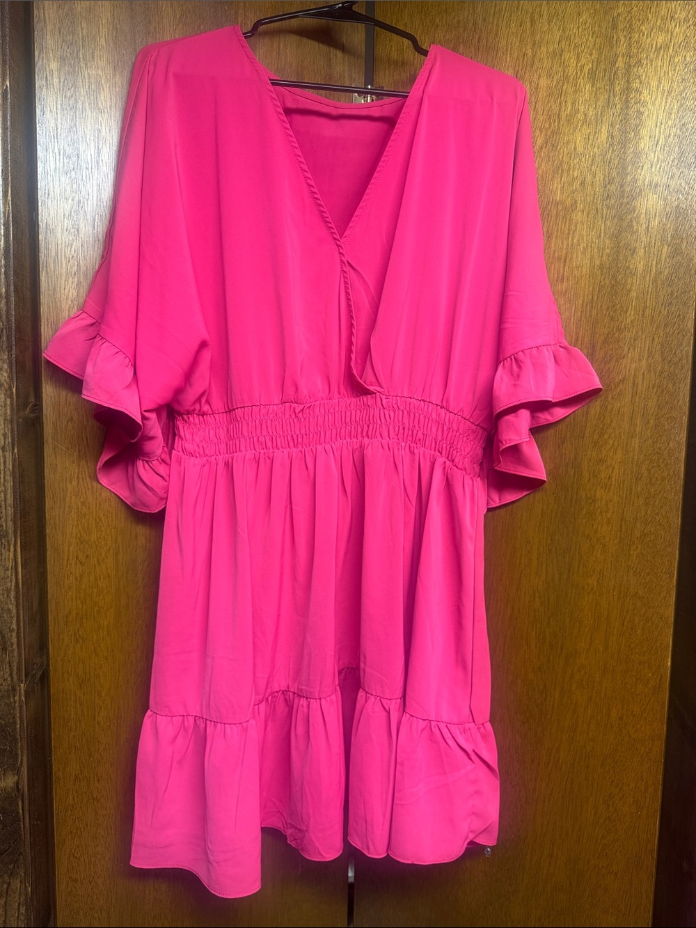 Amazon Women's Hot Pink V-Neck Ruffle Sleeve Dress